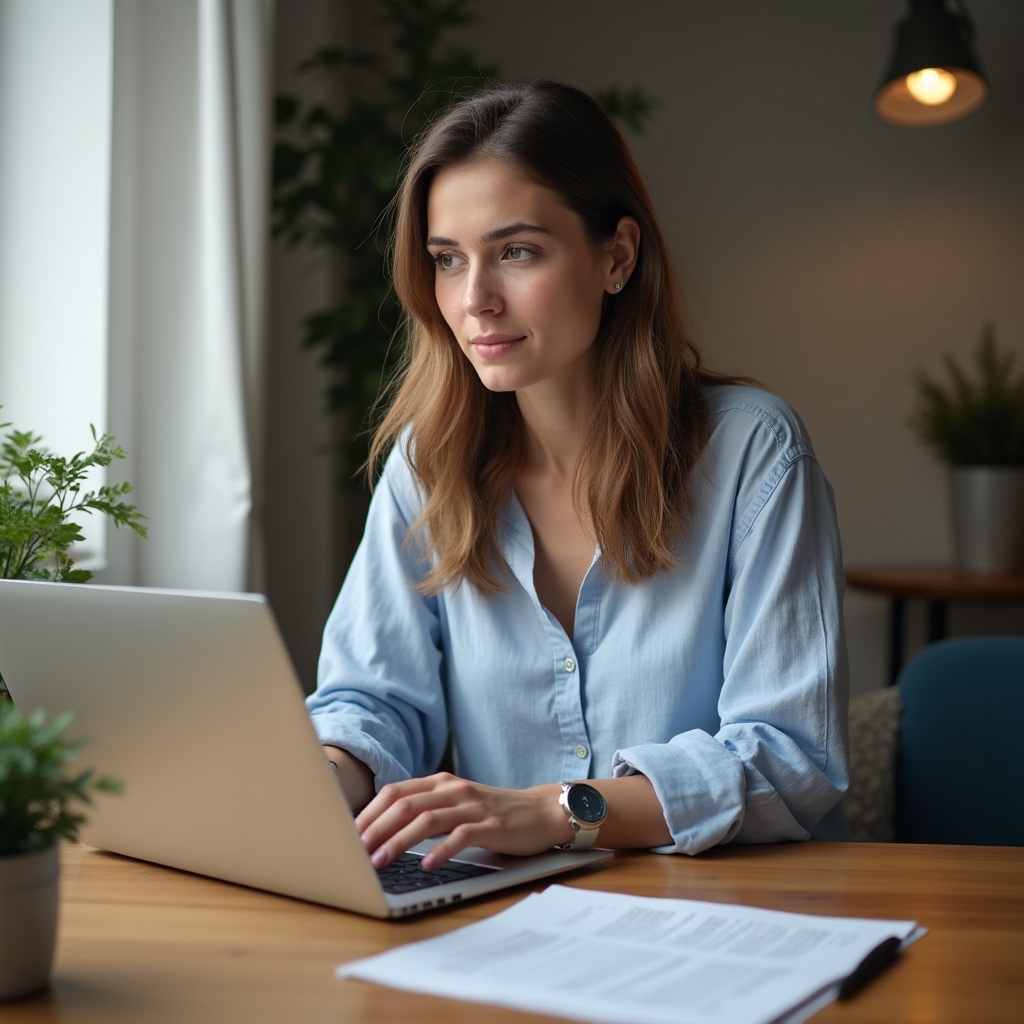 Person writing a calm, professional email response on a laptop in a well-lit home office