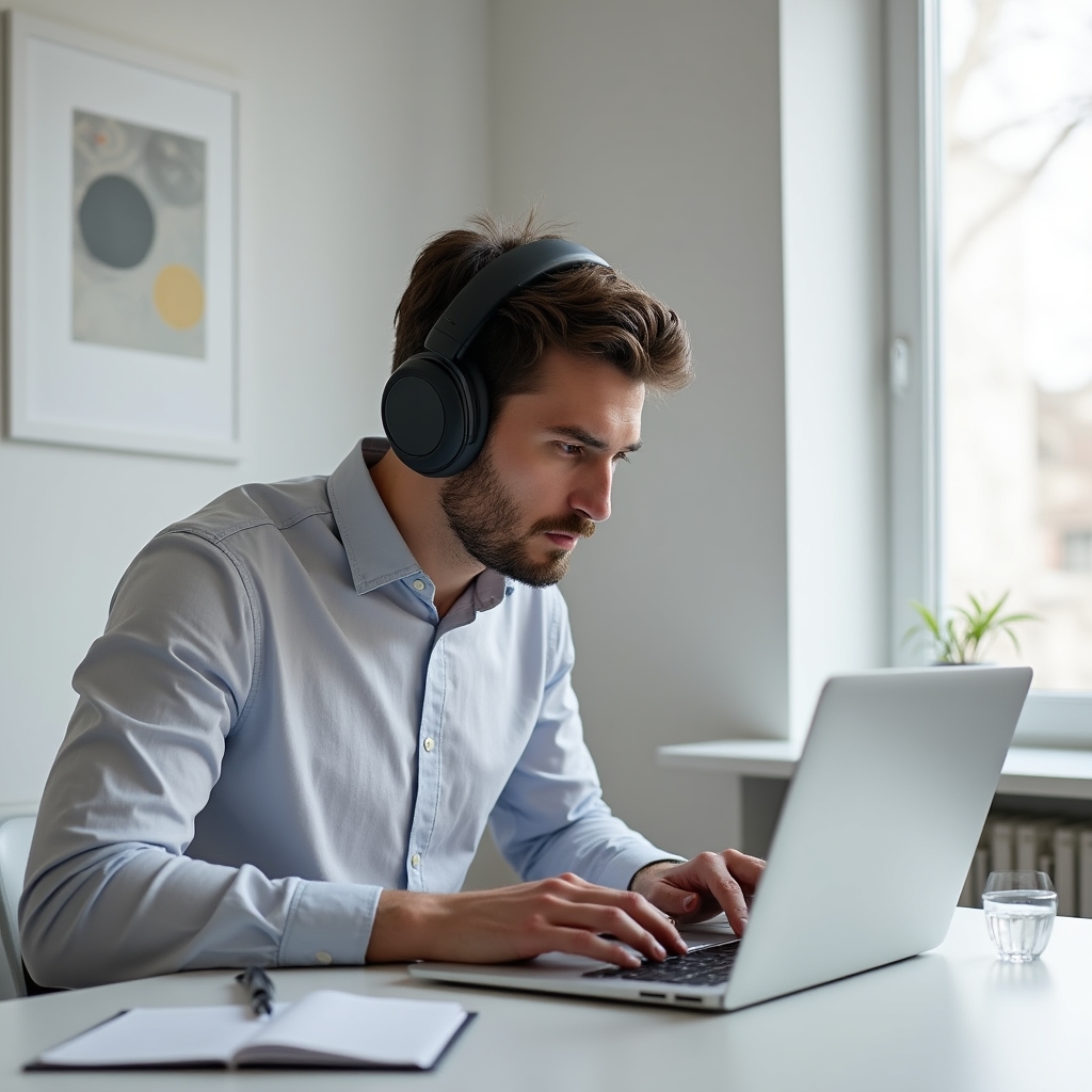 Freelancer with noise-cancelling headphones at a minimal desk, focused on a single document