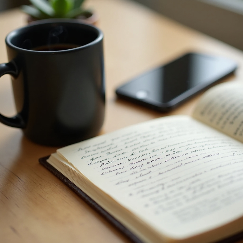 Morning ritual setup with journal, coffee, and a phone face-down on a wooden table