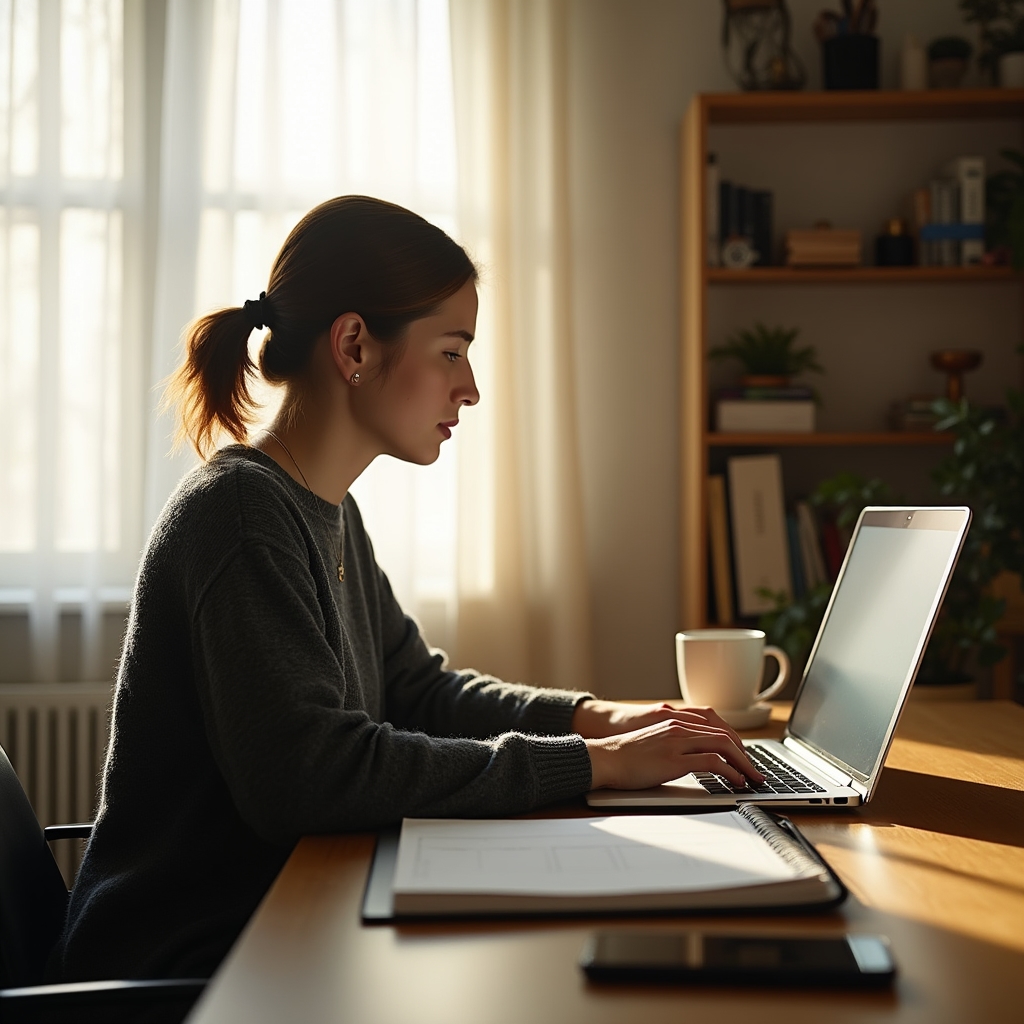 Freelancer working at home desk in morning light