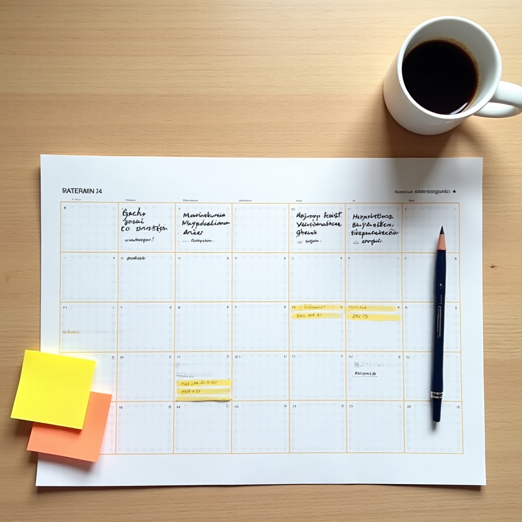 Freelancer's desk with a paper calendar, coffee cup, and open laptop in a home office setting